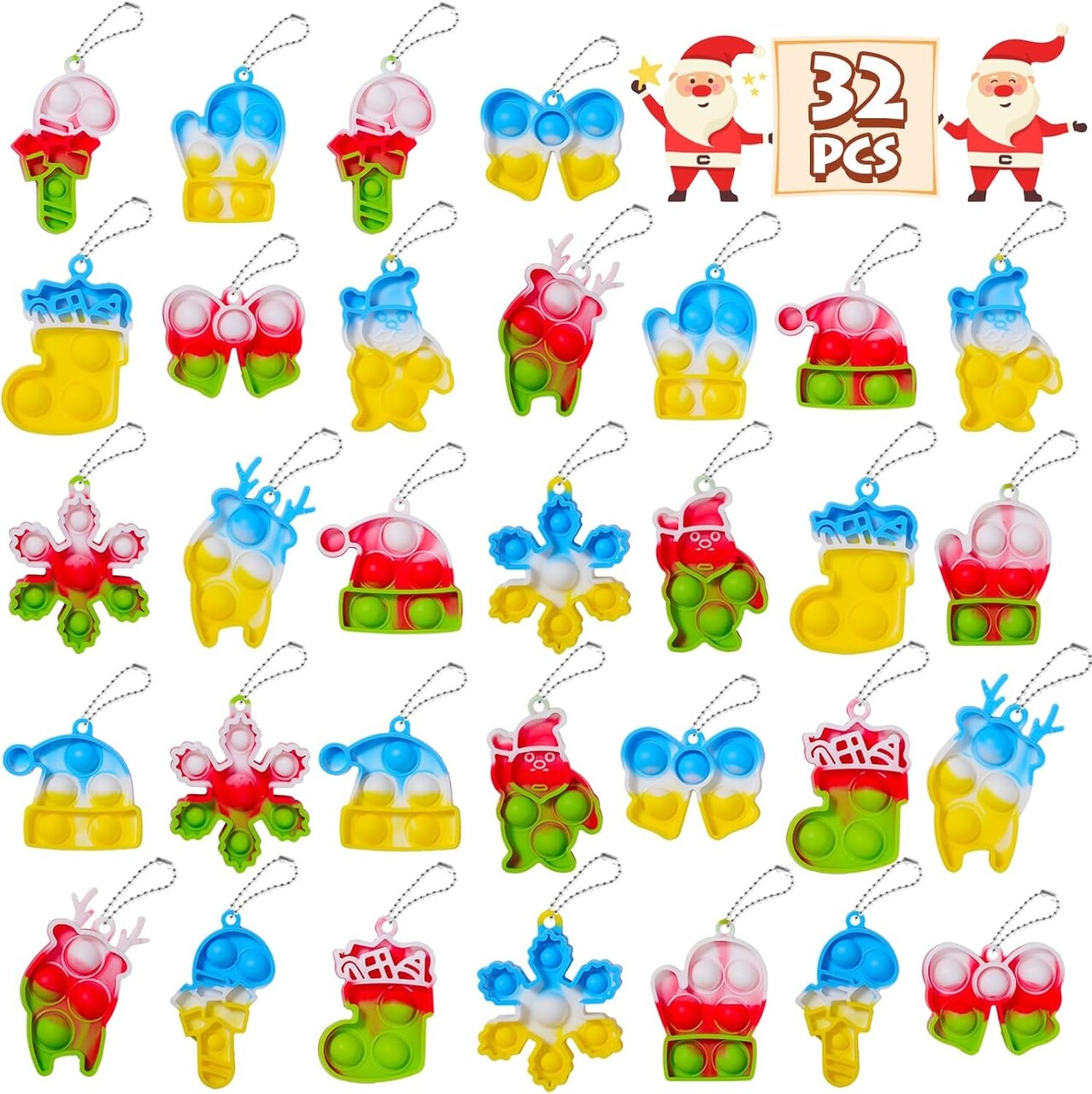 Christmas Party Favors for Kids: Mini Pop Keychain Toys Pack - Bubble Sensory Stocking Stuffers for Boys & Girls - Stress Relief Classroom Supplies Prizes Gifts - Goodie Bags Box(32Pcs
